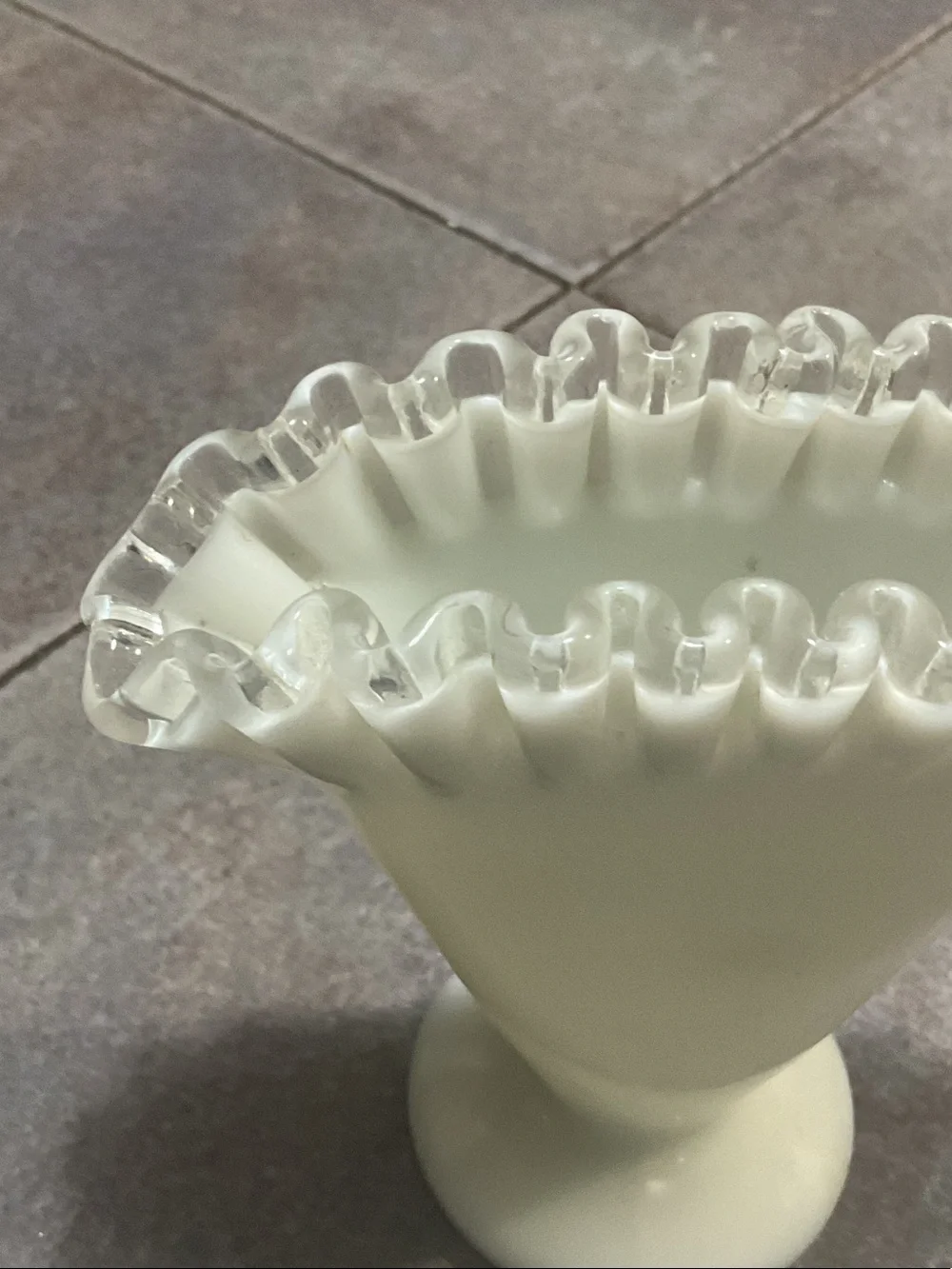 Fenton Cream Milk Glass Ruffled Edge Pedestal Vase